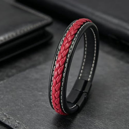 Kim Carrey Italian Handmade Leather Bracelets for Men - color: Black Red, size: 8.6"