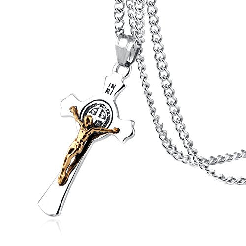 HZMAN Stainless Steel St. Benedict Crucifix Cross Necklace for Men - color: Standard Gold & Silver