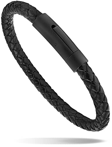 LUXAR Men’s Bracelet - Genuine Black Leather Bracelet with Stainless Steel Clasp or 8mm Matte Black Onyx Stone Bead Bracelet - Minimalist Designer Jewelry for Men - color: Black Leather Round Clasp, size: X-Large