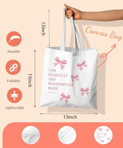 Coquette Bow Bible Canvas Tote Bag for Women Teens Teen Girls, Pink Bow Girls Tote Bag, Coquette Gifts - color: Pink Bible Bow