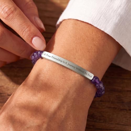 Amethyst Christian Bracelet for Women, 18K Gold Plated Bible Verse Jewelry, Inspirational Religious Faith Gift, Scripture Jewelry for Encouragement & Strength - color: A true friendship is a journey without an end-Amethyst Silver