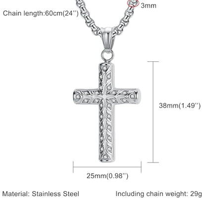 Men's Cross Necklace, Vine Design Iced‑Out Cubic Zirconia - color: silver