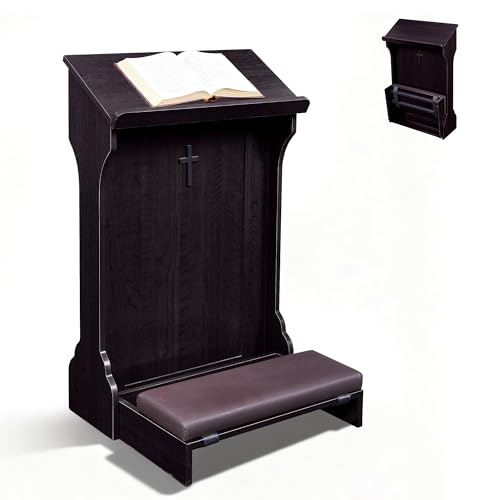 Foldable Prayer Kneeler, Wooden Prayer Bench with Cushion Pad, Rounded Corner Bookend, Customizable Cross Decoration, Reinforced Steel Tube Base Design - color: Dark Brown