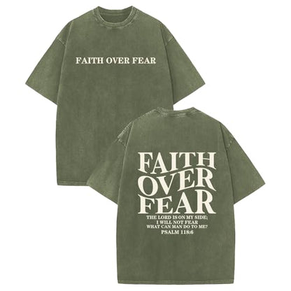 Faith Over Fear Christian Shirt for Men Women Jesus Religious Oversized Graphic Tees Acid Wash Inspirational T‑Shirt - color: Army Green, size: Small