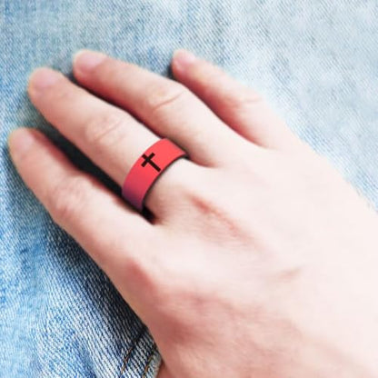 XAHH 2PCS Silicone Ring Set for Men Women,Classical Simple Christian Cross Religious Couple Rubber Wedding Bands - style: Red Purple