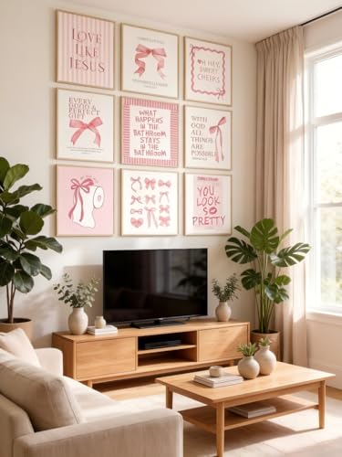 Pink Bow Bathroom Wall Art 9Pcs Bathroom Wall Decor Preppy Girly Posters - color: pink