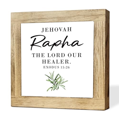 Christian Wooden Decor, Jehovah Rapha The Lord Our Healer Exodus 15:26, Christian Botanical Plaque for Shelf Decor, Bedroom Office Accent, Housewarming Gift, Holiday Gift, 5.9 x 5.9 in, Box Sign Wood Desk Sign Decor 14 - color: Religion Sign 08
