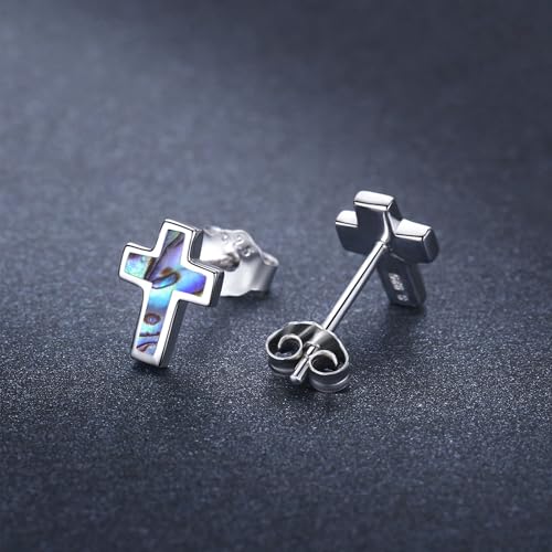 Opal Cross Stud Earrings, 925 Sterling Silver Hypoallergenic Stud Earrings - style: Abalone cross 8mm