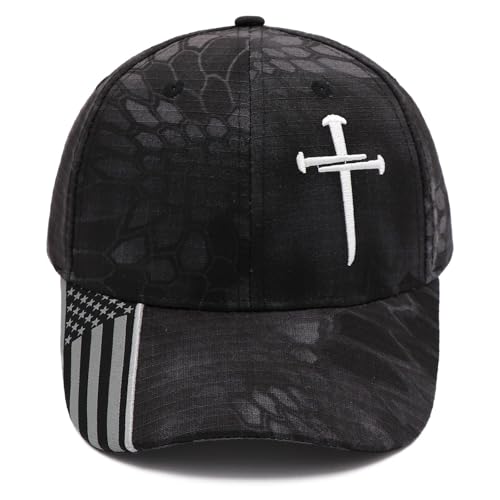 Black Camo Baseball Cap with Cross Embroidery Adjustable Dad Hat