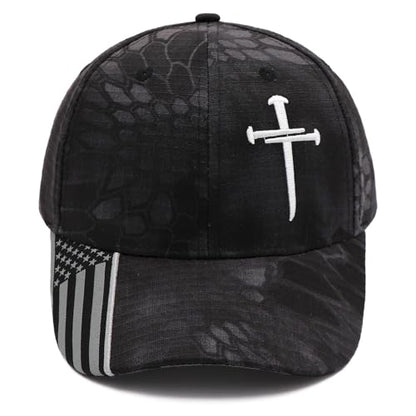 Black Camo Baseball Cap with Cross Embroidery Adjustable Dad Hat