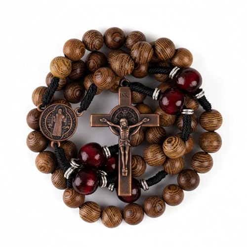 Nazareth Store Classic 10mm Solid Wood Rosary Beads Necklace for Men Olive & Dark Red Wooden Strong Rugged Corded Catholic Rosary with St.Benedict Medal & Cross Crucifix - color: Olive & Dark Red Wood, style: St. Benedict