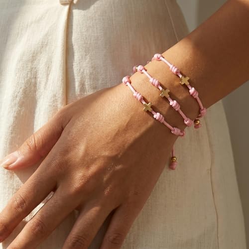 7 Knots Protection Good Luck Red String Rope Gold Cross Bracelet for Women Men, 3Pcs stack Evil Eye Handmade Amulet Adjustable Jewelry, God Christ Pray Friendship Gift - color: Pink Cross
