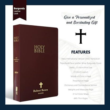 Personalized NIV Small Print Bible for Adults, Name Engraved, Standard Size - color: Burgundy, style: New International Version
