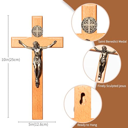 ACHIBANG Crucifix Wall Cross, 10in Wooden Catholic Jesus St Benedict Decor - size: 10"L x 5"W