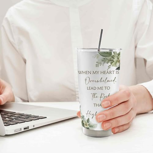 Christian 20oz Travel Coffee Mug Tumbler, Christian Religious Gifts for Women Men, When My Heart is Overwhelmed Bible Verse Stainless Steel Tumbler with Lid and Straw - color: therock