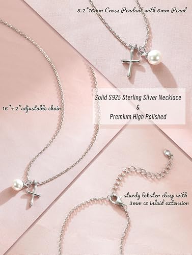 S925 Sterling Silver Cross Necklace for Girls, Baptism First Communion Confirmation Gifts, Pearl Heart Pendant Necklaces, Back to School Graduation Easter Birthday Faith Gift Age: Over 8 Years Old - style: Pearl Cross