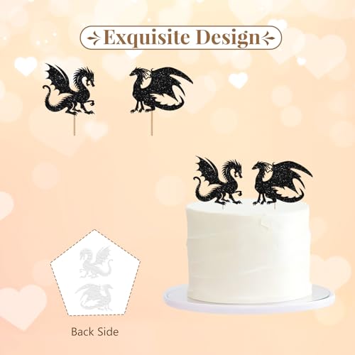 Dragon Wedding Cake Topper, Mr & Mrs Cake Decor, Black Glitter Dragons Couple Silhouette Cake Topper for Storybook Wedding Party Decoration - style: Dragon