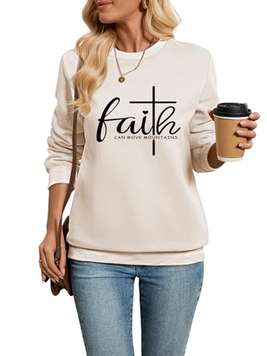 Christian Sweatshirts for Women Faith Can Move Mountains Sweatshirt - color: Beige, size: X-Large