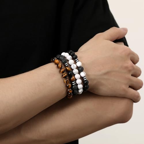 Mens Beaded Bracelets, 8MM Beaded Bracelets for Men, Natural Tiger Eye Bead Bracelet, Stretch Elastic Beads Bracelets for Men - color: 4 volcanic yellow white black