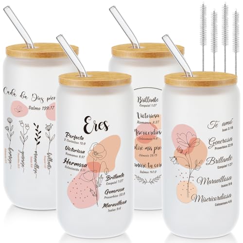 Tioncy 4 Pcs Spanish Christian Glass Cups 16 oz with Bamboo Lids Straw
