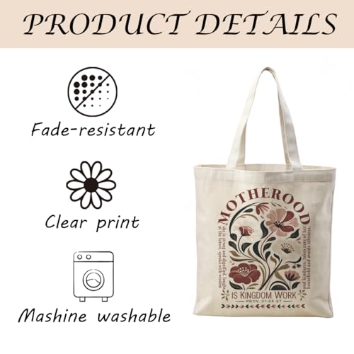 Motherhood Is Kingdom Work Christian Tote Bag, Proverbs 31:25-27 Bible Verse Floral Canvas Bag, Inspirational Mom Gift Totes, Reusable Shopping Book Bags for Women