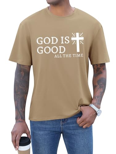 Mens Christian Shirts Shorts Sleeve Crewneck Jesus Cross Printed T Shirts Loose Graphic Tee - color: Khaki, size: Medium
