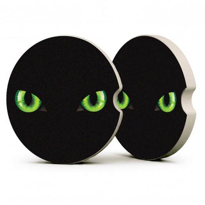 Black Cat Green Eyes Car Coasters, Dark Spooky Gothic Cup Holders, 16 - color: Black Cat Green Eyes