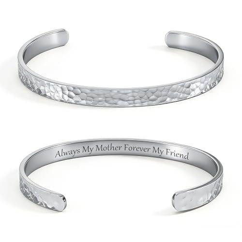 Inspirational Bible Verse Cuff Bracelet for Women, 18K Gold Plated Hammered Bangle, Christian Faith Jewelry Gift, Adjustable Non Tarnish - color: Always My Mother Forever My Friend-Hammered Silver