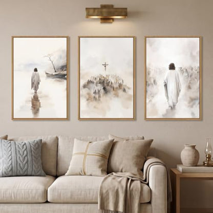 Jesus Christ Walking On Water Scenes Framed Canvas Wall Art Set-16"x24"x3 - color: Religious Christian Wall Art, size: 16"L x 24"W