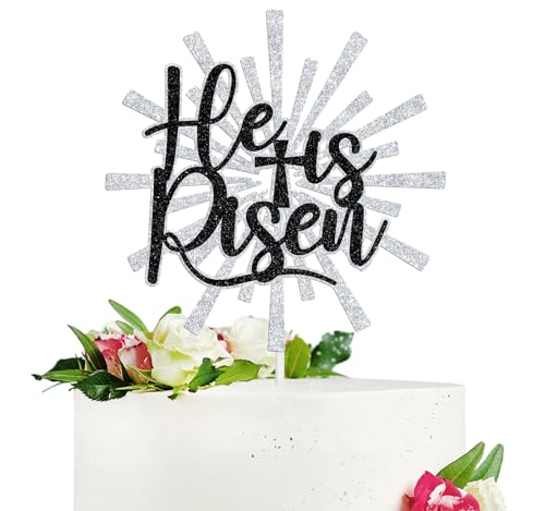 He is Risen Cake Topper, Jesus Easter Cake Décor, Religious Cross Cake Decoration, Easter Party Decorations Supplies, Silver Glitter