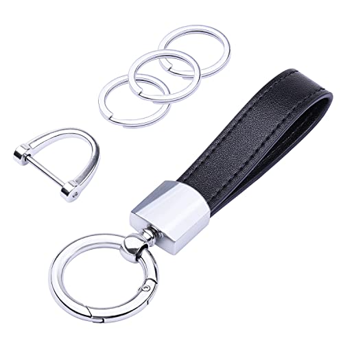 Wisdompro Genuine Leather Car Keychain, Universal Key Fob Keychain - color: Black (Silver Round Carabiner Clip)