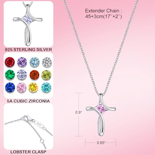 Cross Necklace for Women 925 Sterling Silver Birthstone Necklace for Women - color: 10-Oct-Tourmaline