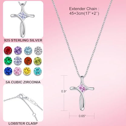 Cross Necklace for Women 925 Sterling Silver Birthstone Necklace for Women - color: 10-Oct-Tourmaline