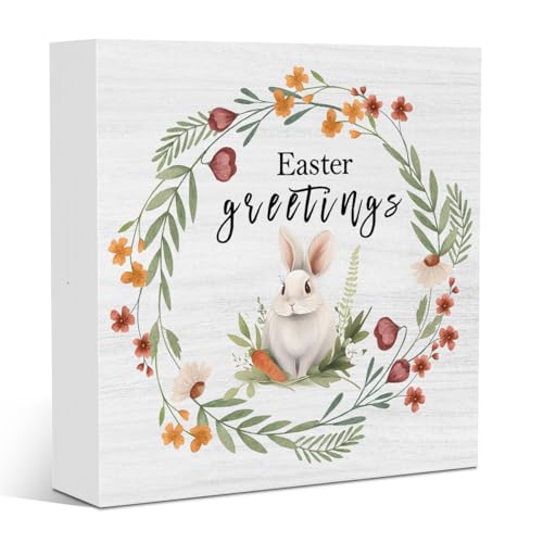 Funny Easter Decorations for Home Easter Sign Bunny Decorations for Office Home Farmhouse Kitchen Bedroom Dining Room Desk Table Decor 5 X 5 Inches - color: Greetings