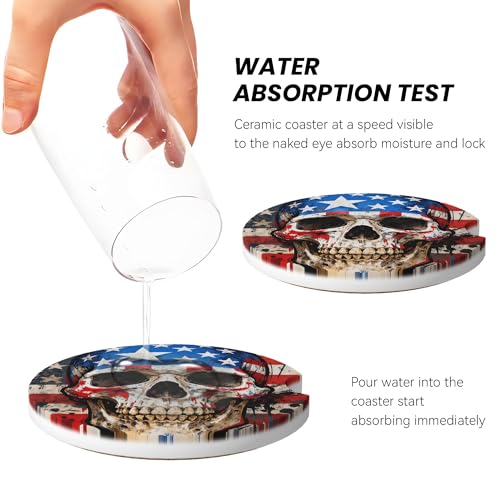 American Flag Skull Car Cup Holder Coasters 2 Pack 2.63" for Women - color: Beige‌