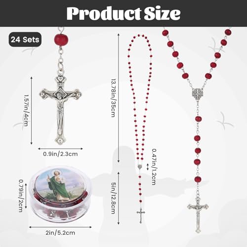 24 Pcs Red/White Rosary Beads Bulk, Jesus Cross Rosarios Catolicos, Virgen De Guadalupe Wooden Beads Rosary Necklace with Box, Catholic Gifts Funeral Baptism Favors First Communion Favors for Guests - color: Red