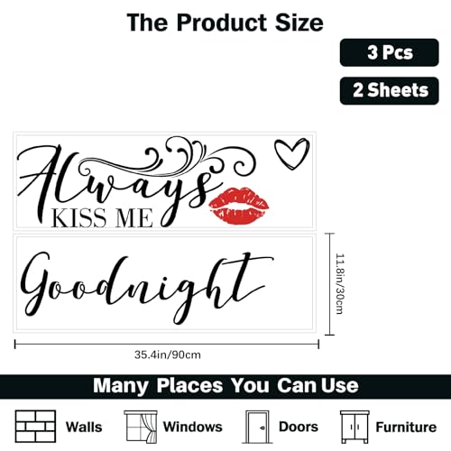PLIGREAT 2 Sheets Romantic Red Lip Wall Sticker Always Kiss Me Goodnight Quotes Wall Decals Love Art Letters Removable Stickers for Bedroom Living Room Bathroom Decor Couples Home Decor - style: Kiss Me Goodnight