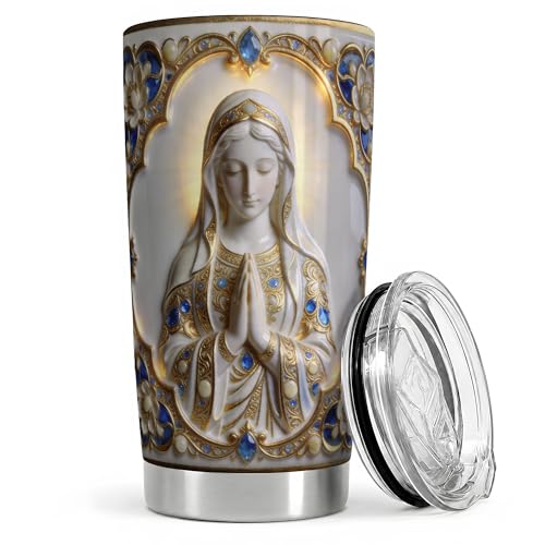 Virgin Mary Ornate Jewel Art 20oz Tumbler, Virgin Mary Tumbler for Daily Drinkware, White Gold Prayer Statue Illustration, Catholic Devotional Cup, Religious Design for Women Men - color: Virgin Mary 2
