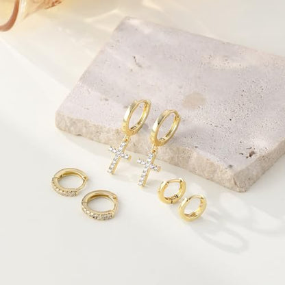 Rotnso Gold Hoop Earrings Set for Women Hypoallergenic Trendy Huggie Stack - style: 3 Pairs Cross Hoops-GD