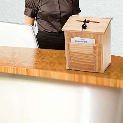 ZENFUN Wooden Suggestion Box with 50 Free Suggestion Cards, Natural Pinewood Ballot Comment Box Donation Box with Locking Hinged Lid for Countertop or Wall Mounted, 8.6" x 6.8" x 10"