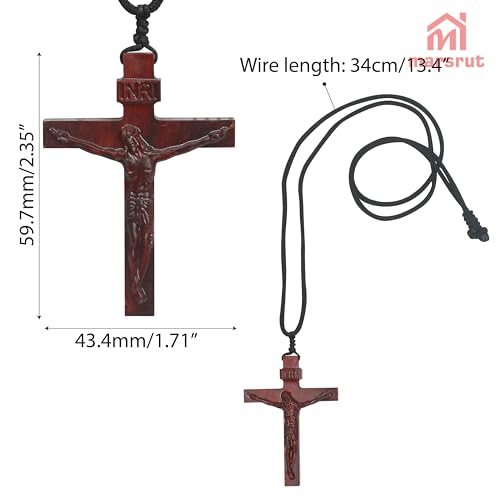 Wooden Crucifix Necklace for Men Women, Brown Wood Cross Christian Jesus Catholic Handmade Natural Pendant Chain, Braided Cord Rope, Religious Jewelry Spiritual Gift for Baptism Confirmation Easter