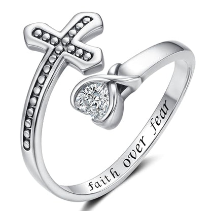 Sterling Silver Open Adjustable Ring Wrap Stack Statement Jewelry Gift - color: Faith Over Fear