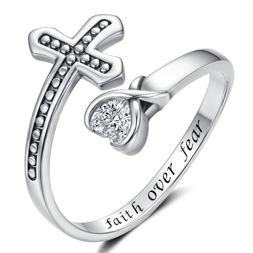 Sterling Silver Open Adjustable Ring Wrap Stack Statement Jewelry Gift - color: Faith Over Fear