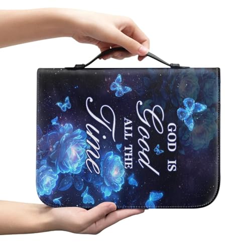Dellukee Bible Cover for Women Blue Butterfly Flowers God is Good All The Time Print Leather Bible Bag Study Book Case Covers - color: Blue Butterfly Flowers God is Good, size: Meduim-bible size ≤8.2*5.3*1.3 inch