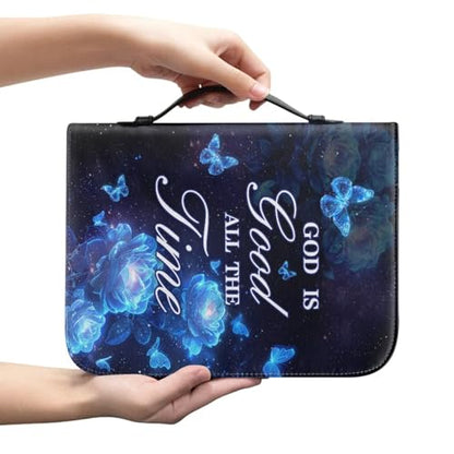 Dellukee Bible Cover for Women Blue Butterfly Flowers God is Good All The Time Print Leather Bible Bag Study Book Case Covers - color: Blue Butterfly Flowers God is Good, size: Meduim-bible size ≤8.2*5.3*1.3 inch