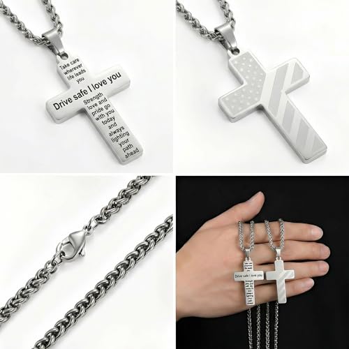 Cross Pendant for Car Rearview Mirror Hanging, Stainless Steel Cross with Drive Safe Message, Meaningful Car Charm Gift for Drivers and Loved Ones (Silver) - color: Silver