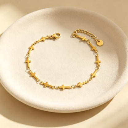 18K Gold Plated Pearl Beaded Cross Bracelets for Women Adjustable - color: Multi Cross-Gold