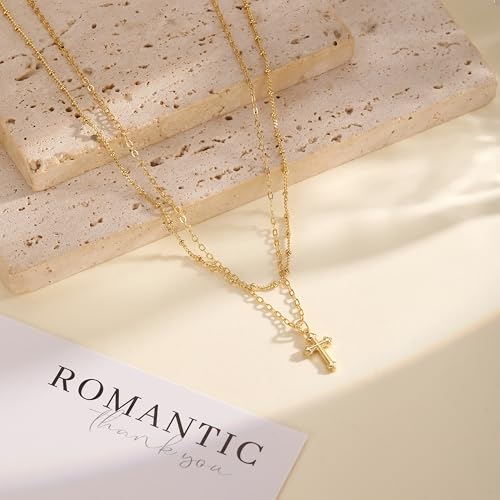 Rotnso Cross Necklace for Women 14K Gold Plated Dainty Small Pendant Choker - style: 2 Layered Bead+Vintage Cross-GD