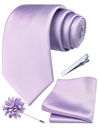 Branduce 3.15"（8cm） Mens Tie and Lapel Pin Solid Necktie Handkerchief Tie Clip Set for Men - color: Lavender