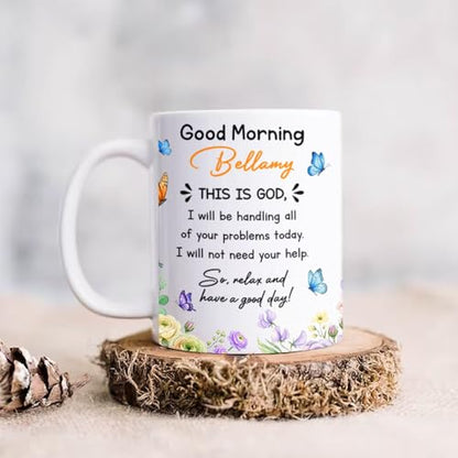 BigTees Customized Jesus God Bible Verse Coffee Mug with Name, Good Morning This is God White Cup 11oz, Personalized Christian Religious Accent Ceramic Cup, Christian Florals Mug Gift for Men Women
